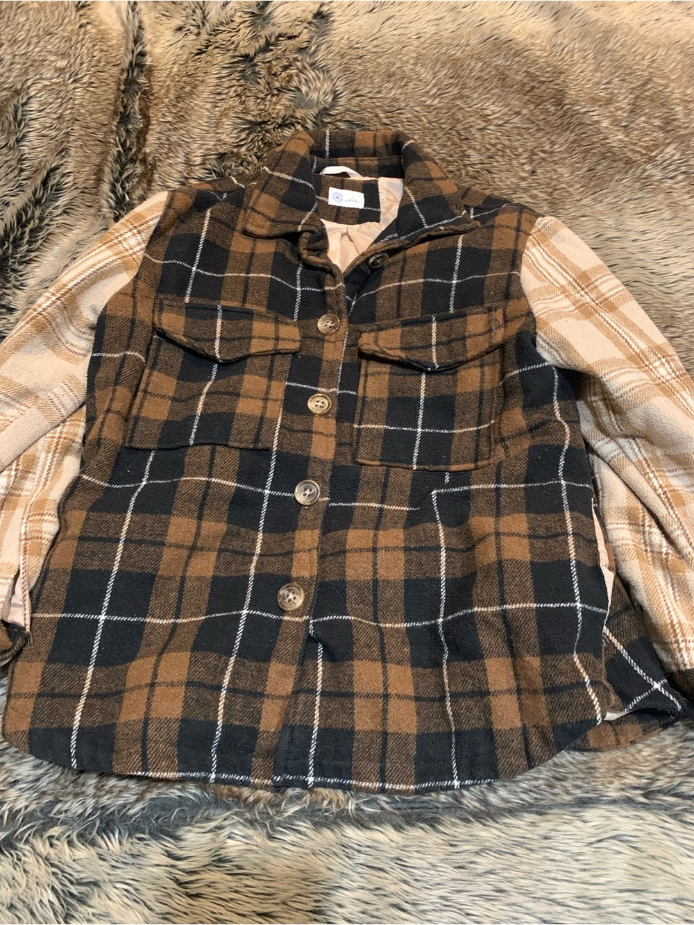 Hurley Women's Plaid Flannel cream, brown, and tan Shacket Size L